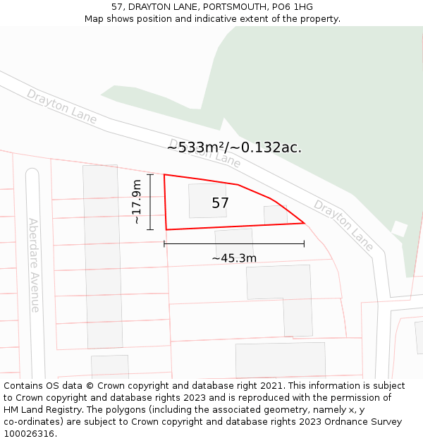 57, DRAYTON LANE, PORTSMOUTH, PO6 1HG: Plot and title map