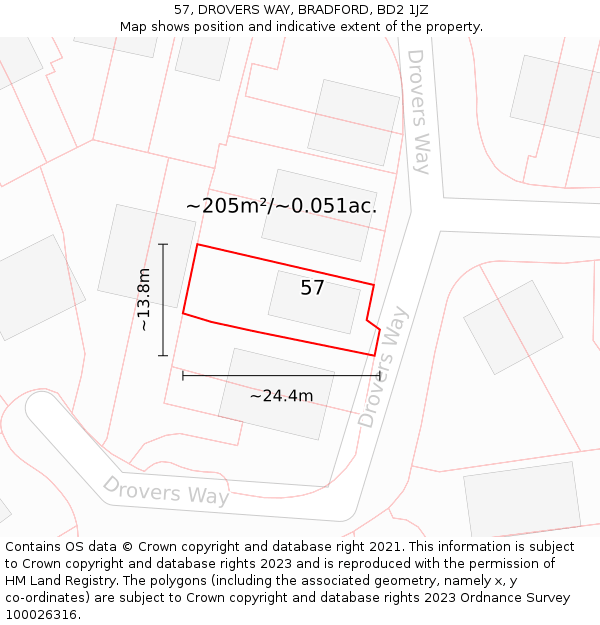 57, DROVERS WAY, BRADFORD, BD2 1JZ: Plot and title map