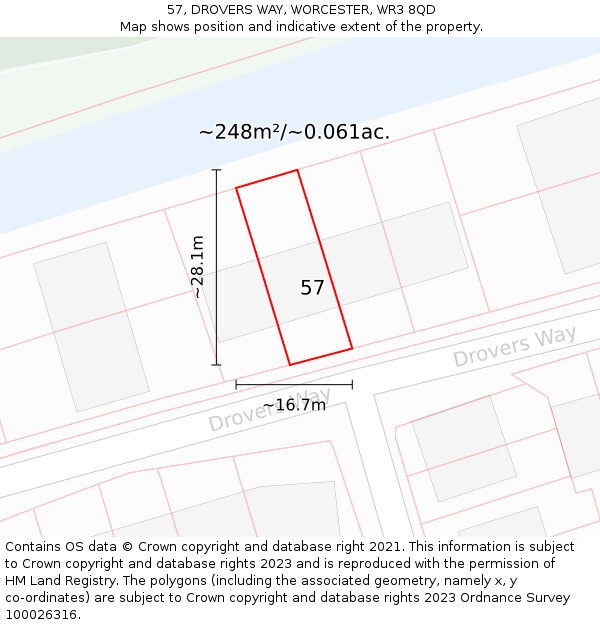 57, DROVERS WAY, WORCESTER, WR3 8QD: Plot and title map