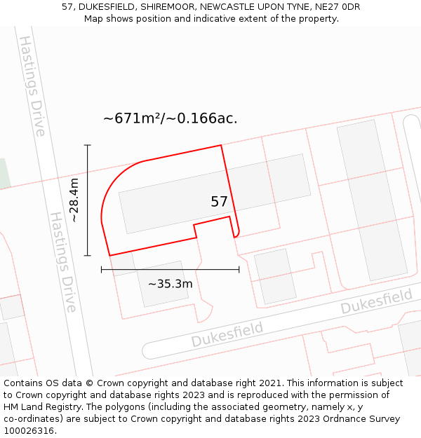 57, DUKESFIELD, SHIREMOOR, NEWCASTLE UPON TYNE, NE27 0DR: Plot and title map