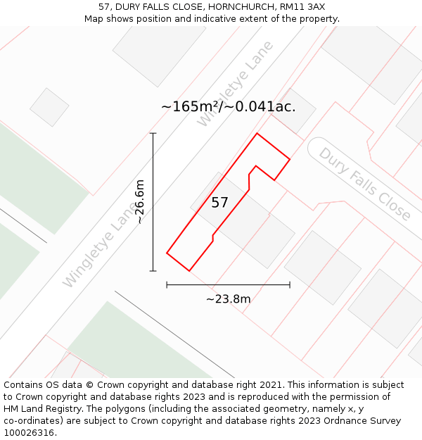 57, DURY FALLS CLOSE, HORNCHURCH, RM11 3AX: Plot and title map