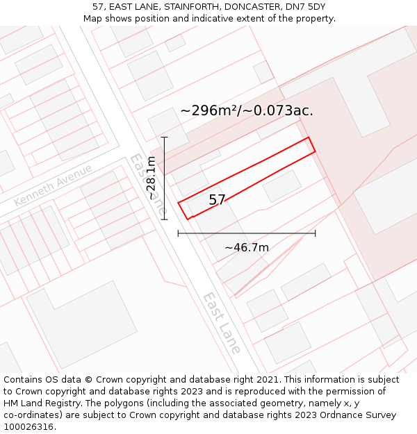 57, EAST LANE, STAINFORTH, DONCASTER, DN7 5DY: Plot and title map