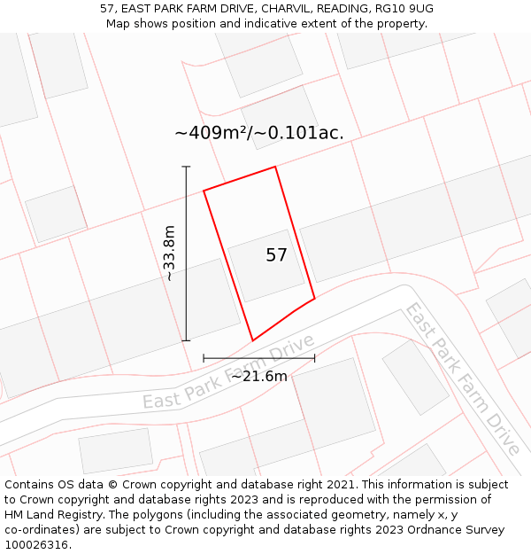 57, EAST PARK FARM DRIVE, CHARVIL, READING, RG10 9UG: Plot and title map