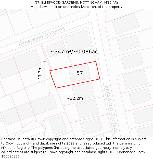 57, ELMSWOOD GARDENS, NOTTINGHAM, NG5 4AY: Plot and title map
