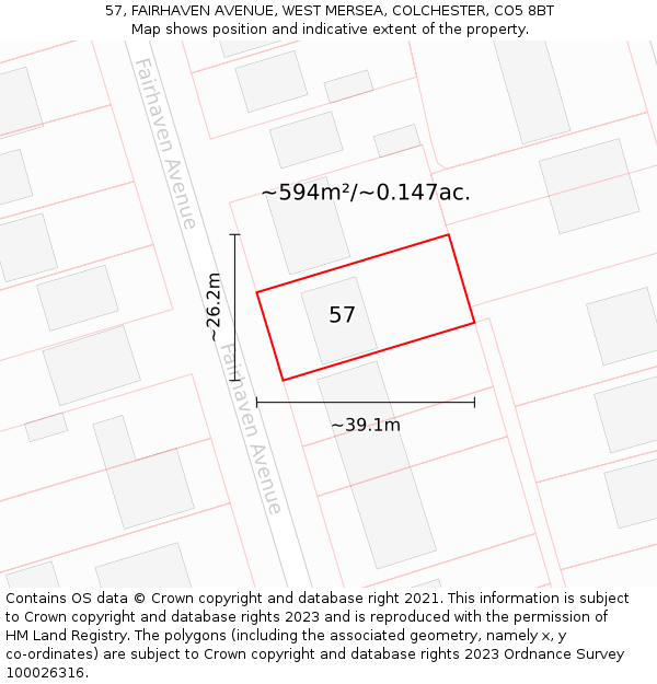 57, FAIRHAVEN AVENUE, WEST MERSEA, COLCHESTER, CO5 8BT: Plot and title map