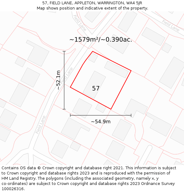 57, FIELD LANE, APPLETON, WARRINGTON, WA4 5JR: Plot and title map