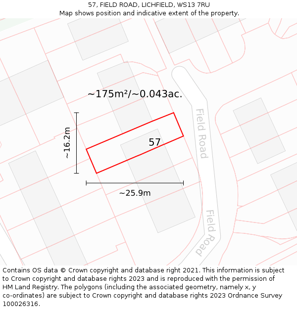 57, FIELD ROAD, LICHFIELD, WS13 7RU: Plot and title map