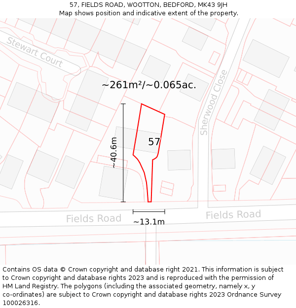 57, FIELDS ROAD, WOOTTON, BEDFORD, MK43 9JH: Plot and title map