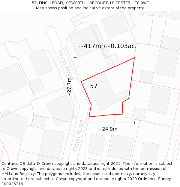 57, FINCH ROAD, KIBWORTH HARCOURT, LEICESTER, LE8 0WE: Plot and title map