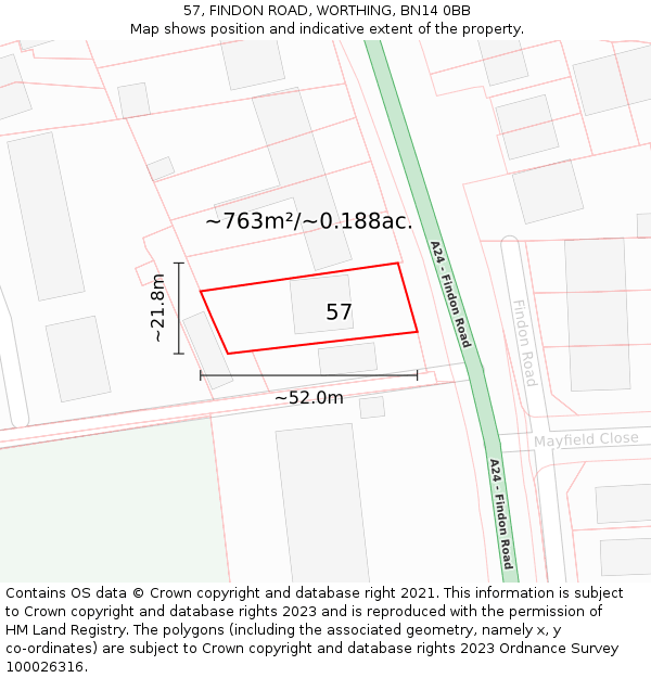 57, FINDON ROAD, WORTHING, BN14 0BB: Plot and title map