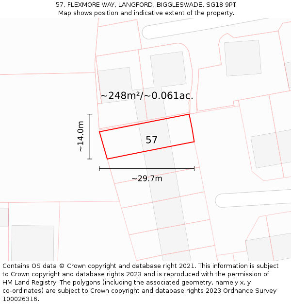 57, FLEXMORE WAY, LANGFORD, BIGGLESWADE, SG18 9PT: Plot and title map