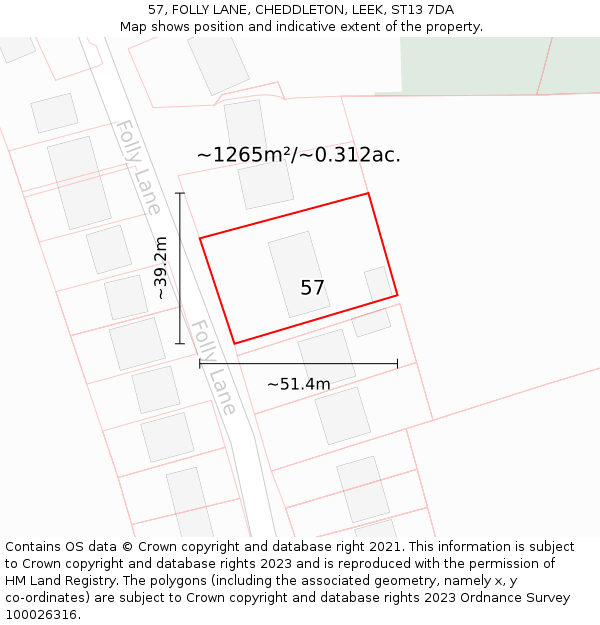 57, FOLLY LANE, CHEDDLETON, LEEK, ST13 7DA: Plot and title map