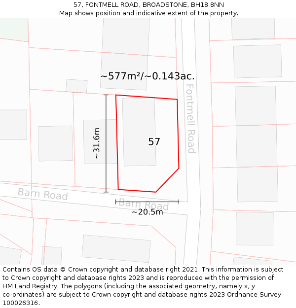 57, FONTMELL ROAD, BROADSTONE, BH18 8NN: Plot and title map
