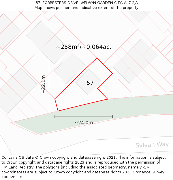 57, FORRESTERS DRIVE, WELWYN GARDEN CITY, AL7 2JA: Plot and title map