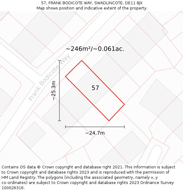 57, FRANK BODICOTE WAY, SWADLINCOTE, DE11 8JX: Plot and title map
