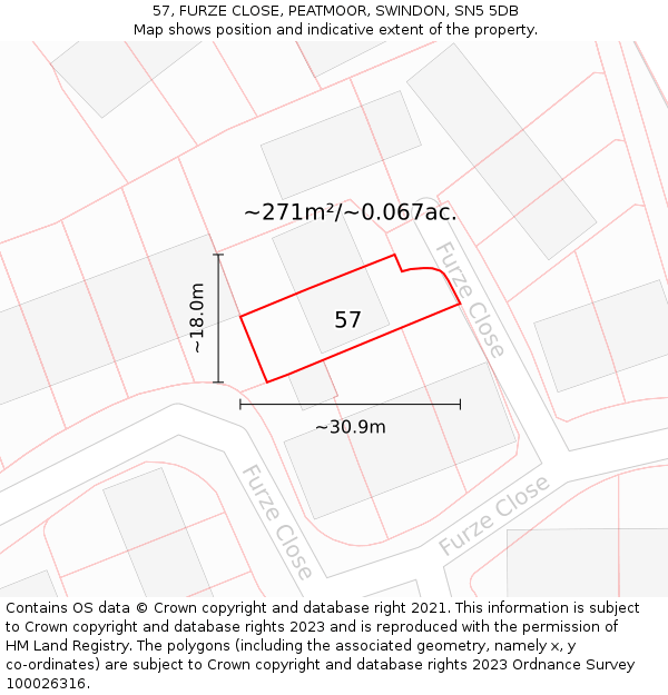 57, FURZE CLOSE, PEATMOOR, SWINDON, SN5 5DB: Plot and title map