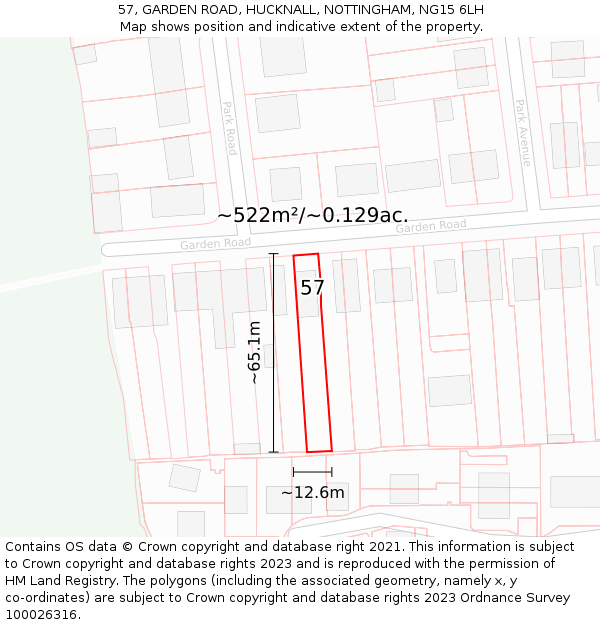 57, GARDEN ROAD, HUCKNALL, NOTTINGHAM, NG15 6LH: Plot and title map