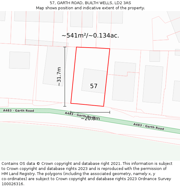 57, GARTH ROAD, BUILTH WELLS, LD2 3AS: Plot and title map