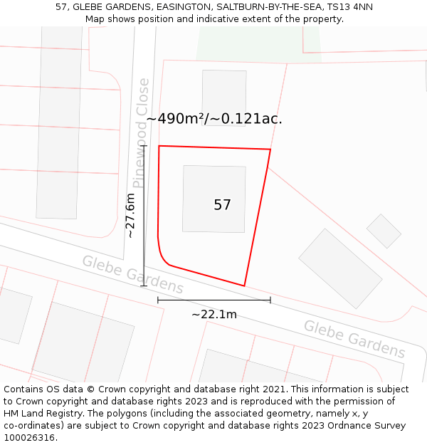 57, GLEBE GARDENS, EASINGTON, SALTBURN-BY-THE-SEA, TS13 4NN: Plot and title map
