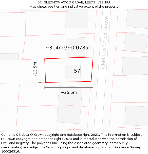 57, GLEDHOW WOOD GROVE, LEEDS, LS8 1PA: Plot and title map