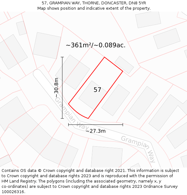 57, GRAMPIAN WAY, THORNE, DONCASTER, DN8 5YR: Plot and title map