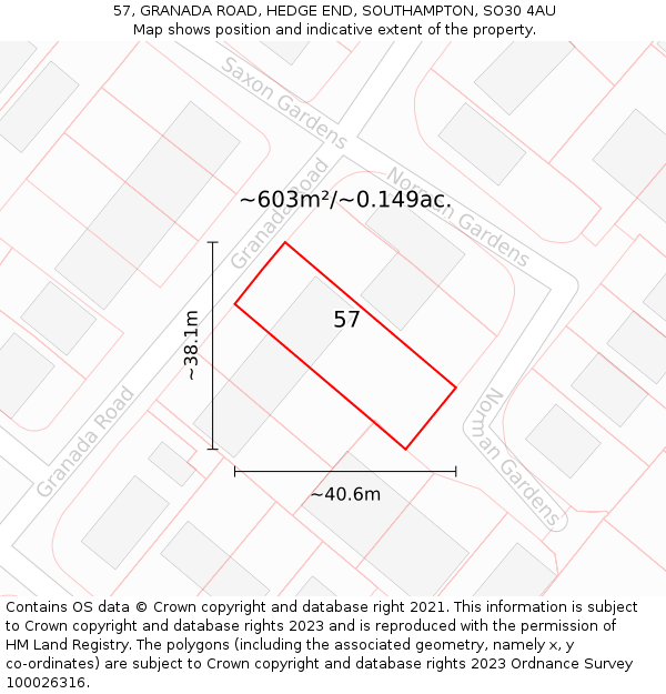 57, GRANADA ROAD, HEDGE END, SOUTHAMPTON, SO30 4AU: Plot and title map