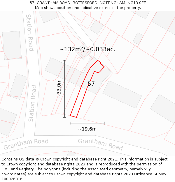57, GRANTHAM ROAD, BOTTESFORD, NOTTINGHAM, NG13 0EE: Plot and title map