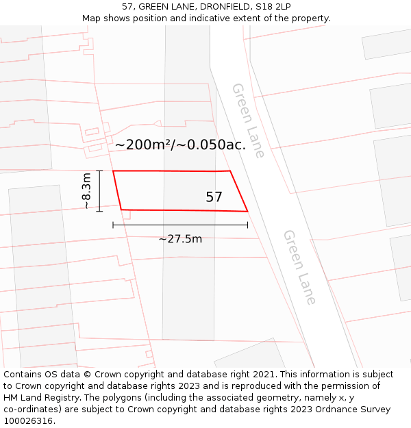 57, GREEN LANE, DRONFIELD, S18 2LP: Plot and title map