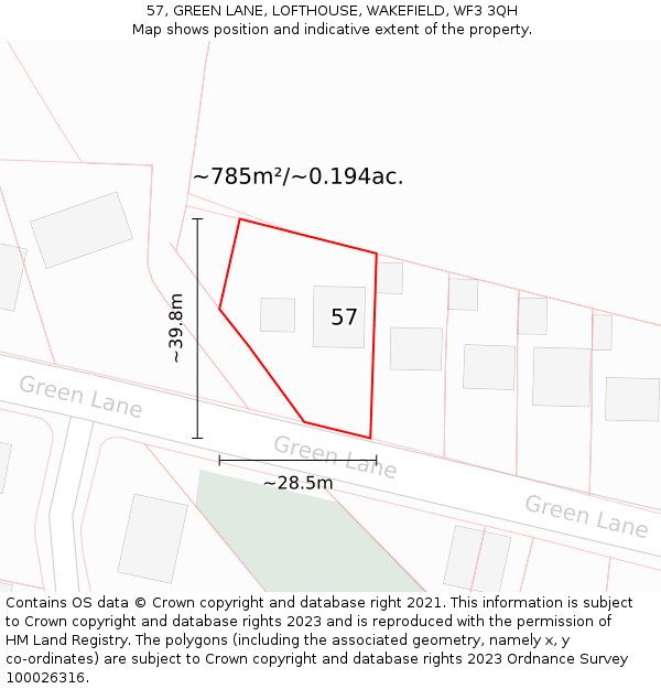57, GREEN LANE, LOFTHOUSE, WAKEFIELD, WF3 3QH: Plot and title map