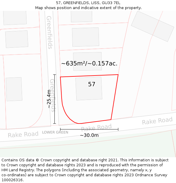 57, GREENFIELDS, LISS, GU33 7EL: Plot and title map