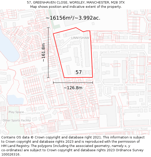 57, GREENHAVEN CLOSE, WORSLEY, MANCHESTER, M28 3TX: Plot and title map