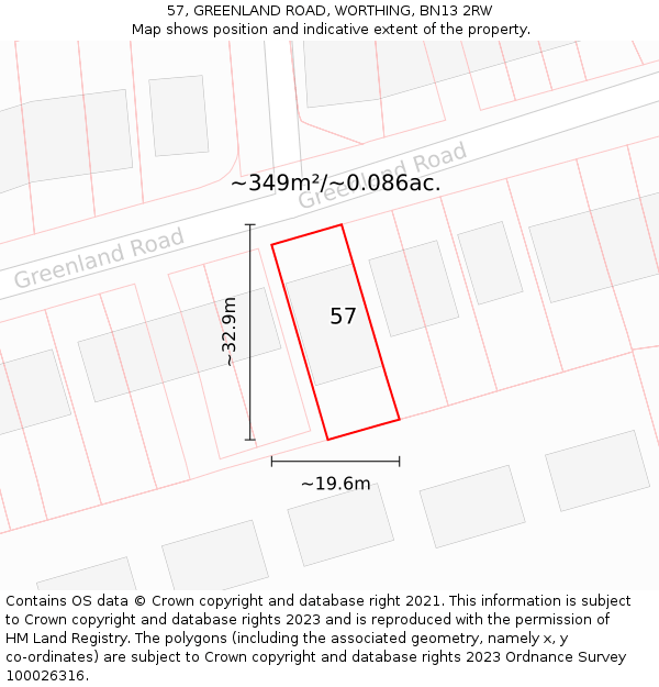 57, GREENLAND ROAD, WORTHING, BN13 2RW: Plot and title map