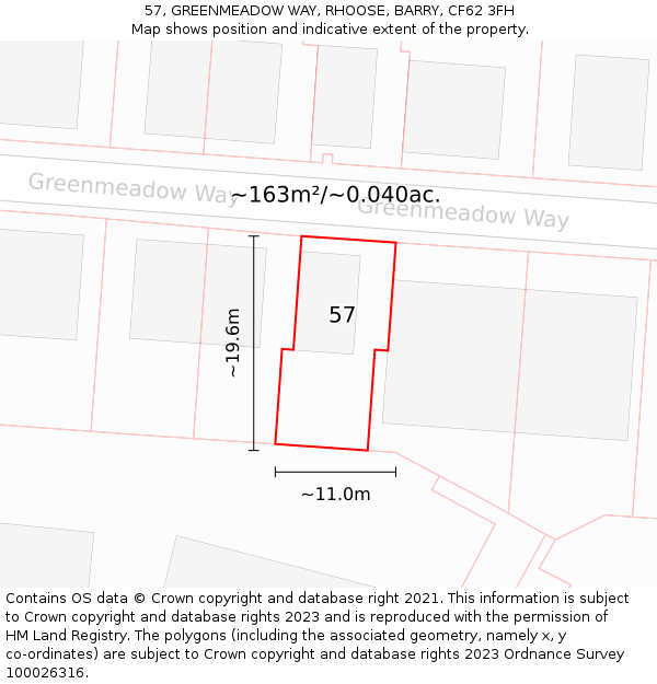 57, GREENMEADOW WAY, RHOOSE, BARRY, CF62 3FH: Plot and title map