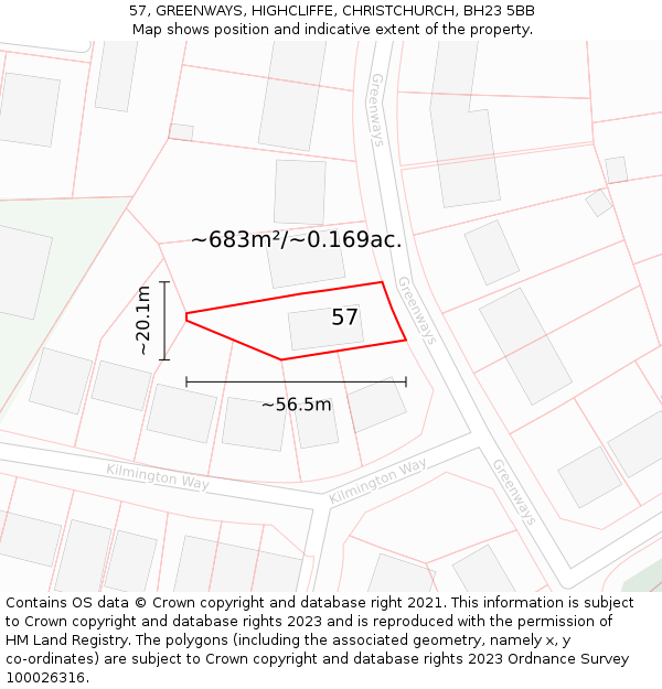 57, GREENWAYS, HIGHCLIFFE, CHRISTCHURCH, BH23 5BB: Plot and title map