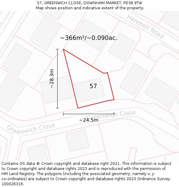 57, GREENWICH CLOSE, DOWNHAM MARKET, PE38 9TW: Plot and title map