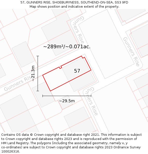57, GUNNERS RISE, SHOEBURYNESS, SOUTHEND-ON-SEA, SS3 9FD: Plot and title map
