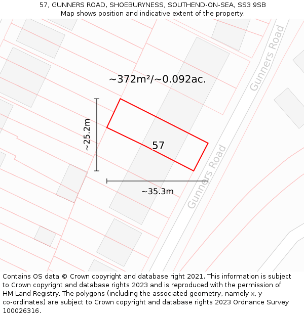 57, GUNNERS ROAD, SHOEBURYNESS, SOUTHEND-ON-SEA, SS3 9SB: Plot and title map