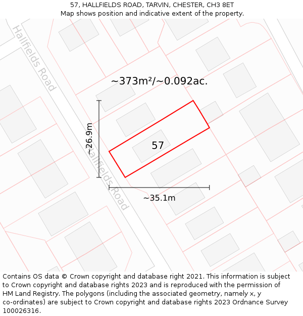 57, HALLFIELDS ROAD, TARVIN, CHESTER, CH3 8ET: Plot and title map