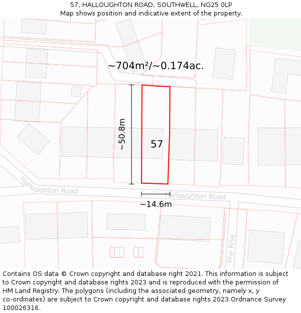 57, HALLOUGHTON ROAD, SOUTHWELL, NG25 0LP: Plot and title map