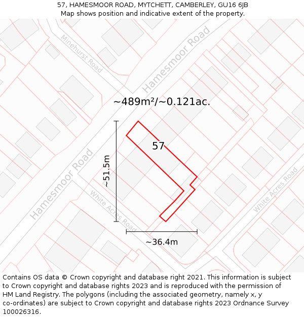 57, HAMESMOOR ROAD, MYTCHETT, CAMBERLEY, GU16 6JB: Plot and title map