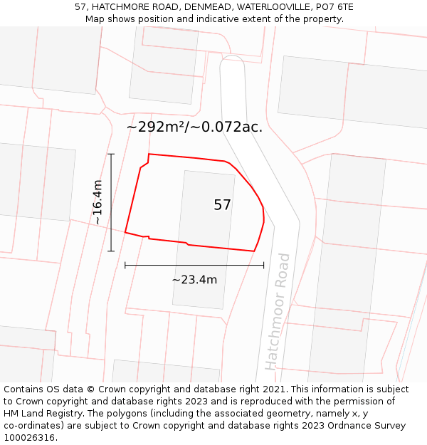 57, HATCHMORE ROAD, DENMEAD, WATERLOOVILLE, PO7 6TE: Plot and title map