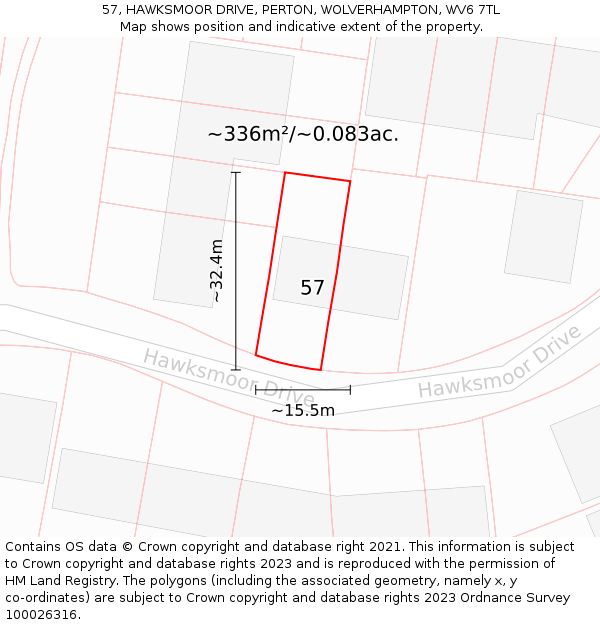 57, HAWKSMOOR DRIVE, PERTON, WOLVERHAMPTON, WV6 7TL: Plot and title map