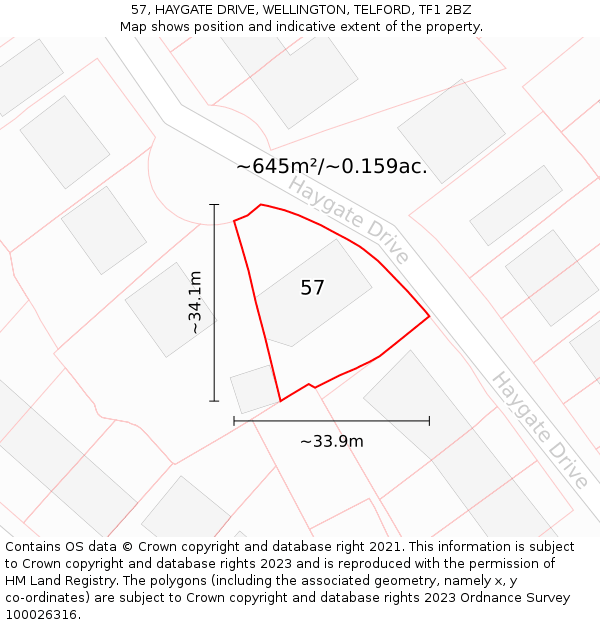 57, HAYGATE DRIVE, WELLINGTON, TELFORD, TF1 2BZ: Plot and title map
