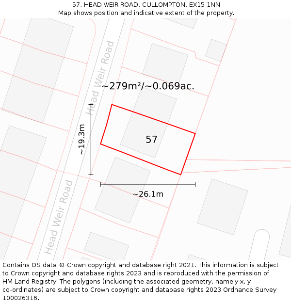 57, HEAD WEIR ROAD, CULLOMPTON, EX15 1NN: Plot and title map