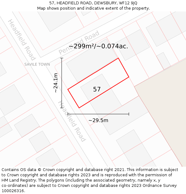 57, HEADFIELD ROAD, DEWSBURY, WF12 9JQ: Plot and title map