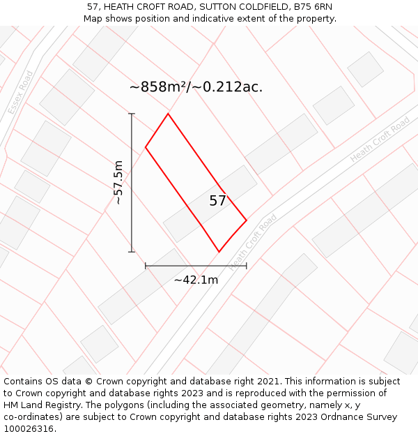 57, HEATH CROFT ROAD, SUTTON COLDFIELD, B75 6RN: Plot and title map