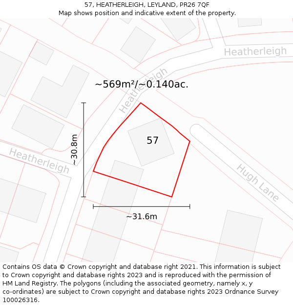 57, HEATHERLEIGH, LEYLAND, PR26 7QF: Plot and title map