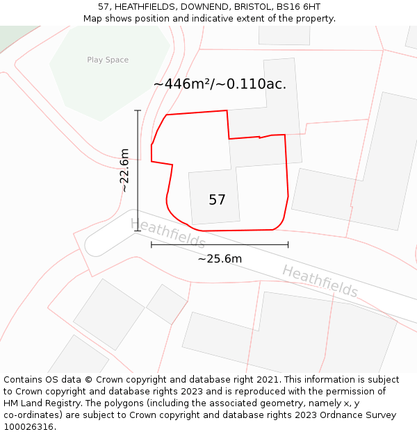 57, HEATHFIELDS, DOWNEND, BRISTOL, BS16 6HT: Plot and title map