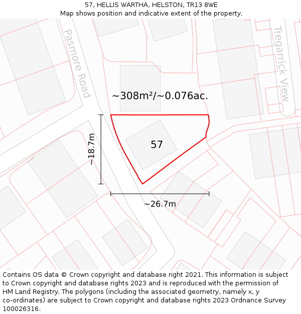 57, HELLIS WARTHA, HELSTON, TR13 8WE: Plot and title map