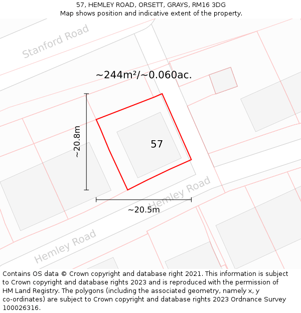57, HEMLEY ROAD, ORSETT, GRAYS, RM16 3DG: Plot and title map
